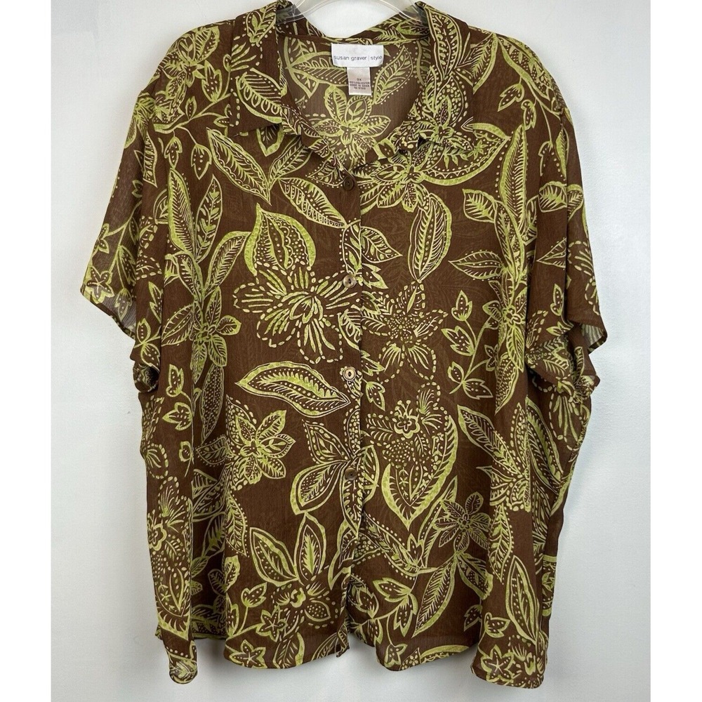 Susan Graver Style Top Womens 3x Floral Shirt Button Sheer Short Sleeve Brown
